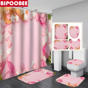 Pink Roses Heart Candy Shower Curtain for Bathroom Valentine's Day Decor Mildew Proof Pedestal Rugs Anti-slip Soft Bath Carpet