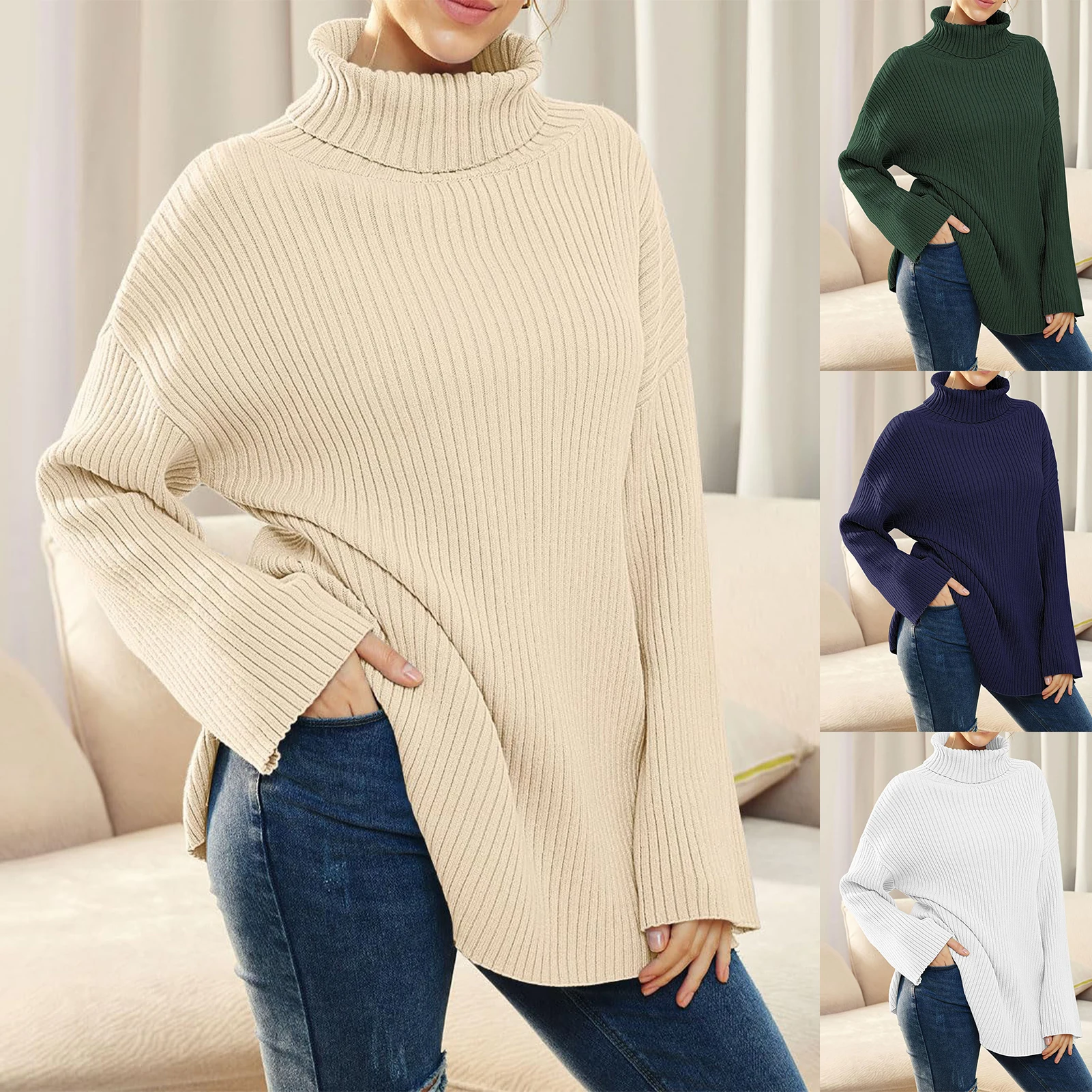 

Women Turtleneck Sweater Solid Color Long Sleeve Pullover Oversized Knitted Sweater Autumn Winter Top Relaxed And Simple Fashion