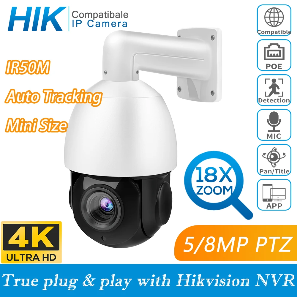 PTZ IP Camera 5MP 8MP 18X ZOOM Mini Speed Dome Security Outdoor IR 50M CCTV Compatible Plug&ampPlay with Hikvision NVR |