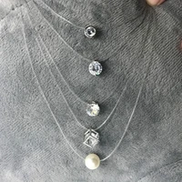 new personality fashion square imitation pearl crystal zircon necklace invisible transparent fishing line necklace women