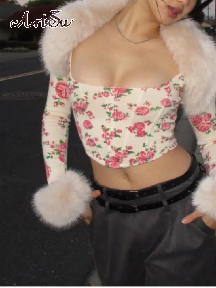 

ArtsuVintage пушистый элегантный Топ для женщин, укороченный топ, футболка, Модный цветочный принт, меховой укороченный топ, футболки Y2K, женская одежда Kawaii