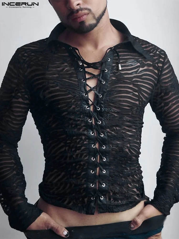 

Модная мужская сетчатая рубашка с отложным воротником и длинным рукавом, уличная одежда на шнуровке, Прозрачная Сексуальная мужская одежда...
