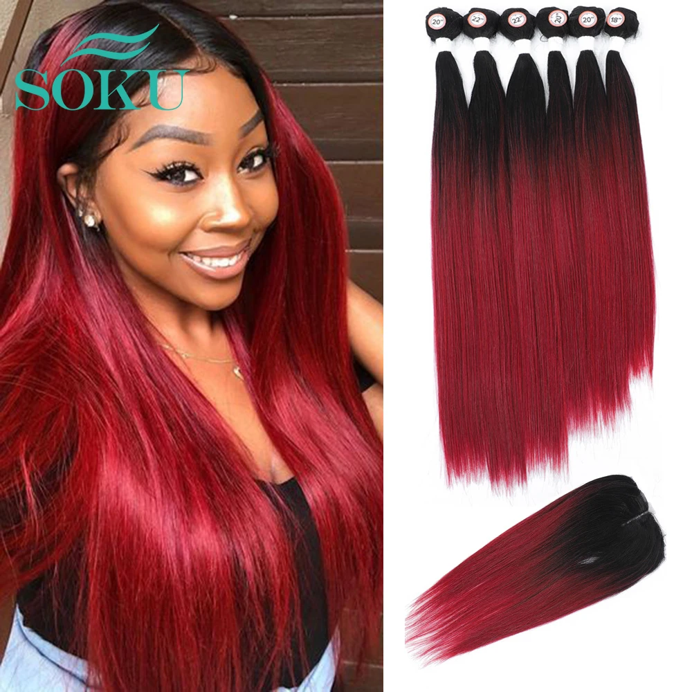 Synthetic Lace Closure Weaving Bundles Hair Ombre Red Bundles SOKU Nature Straight Hair Extensions With Lace Closure 6 Bundles