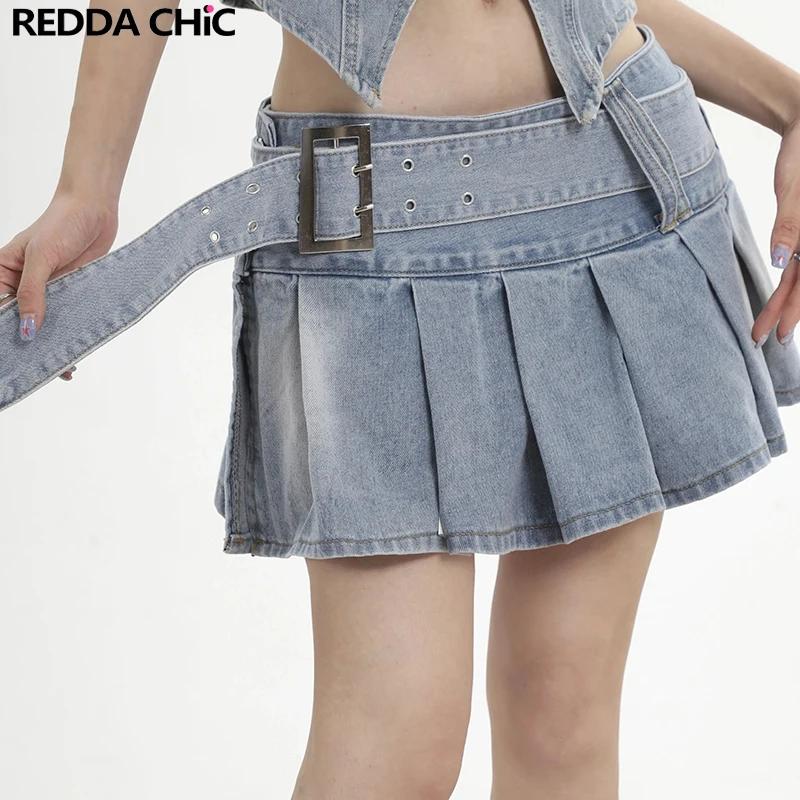 

ReddaChic Blue Belted Wrap-around Women Denim Mini Skirt One-piece Low Waist Short Jean Bottoms Korean Style Y2k Vintage Clothes