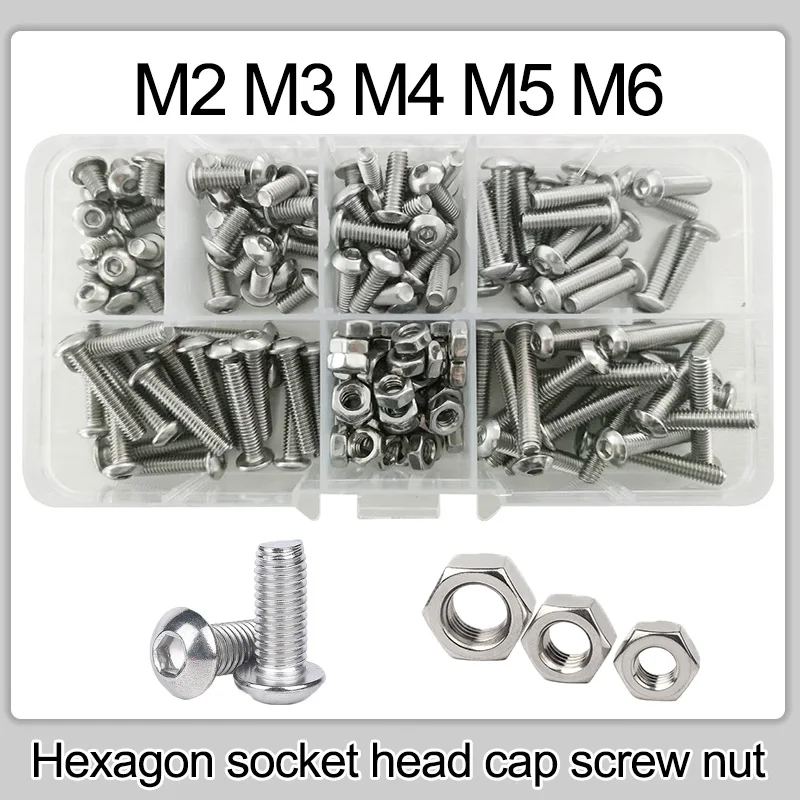 

M2 M3 M4 M5 M6 Hex Button Socket Head Cap Bolt Nut 304 Stainless Steel Thread Machine Metric Hexagon Screw Assortment Kit Set