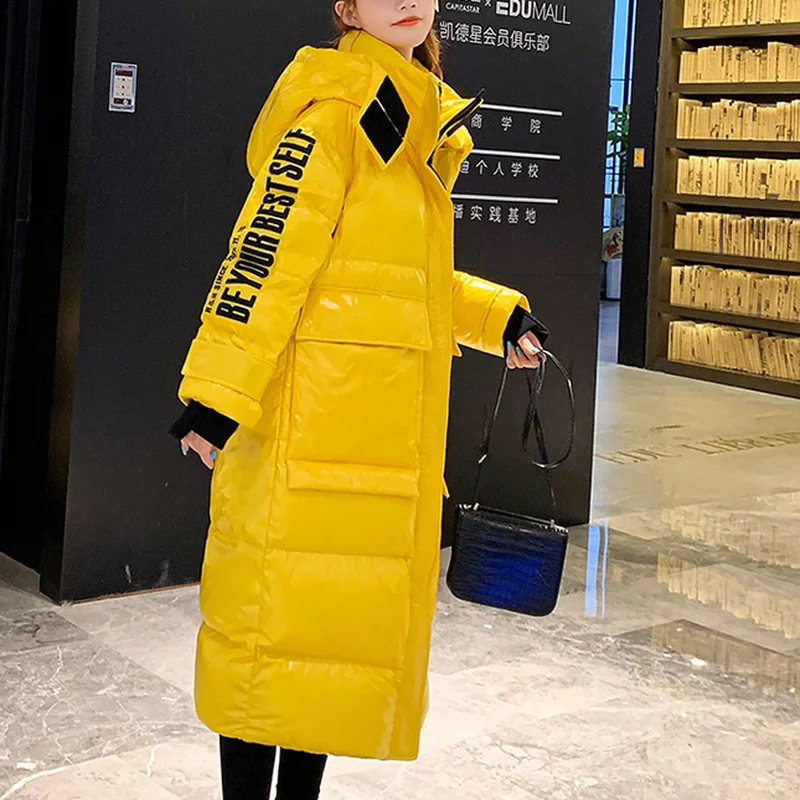 Female Glossy Winter Jacket Women Hooded Casual Waterproof Overcoat Fashion Winter Coats Long Reflective Jackets Warm Parkas Ins