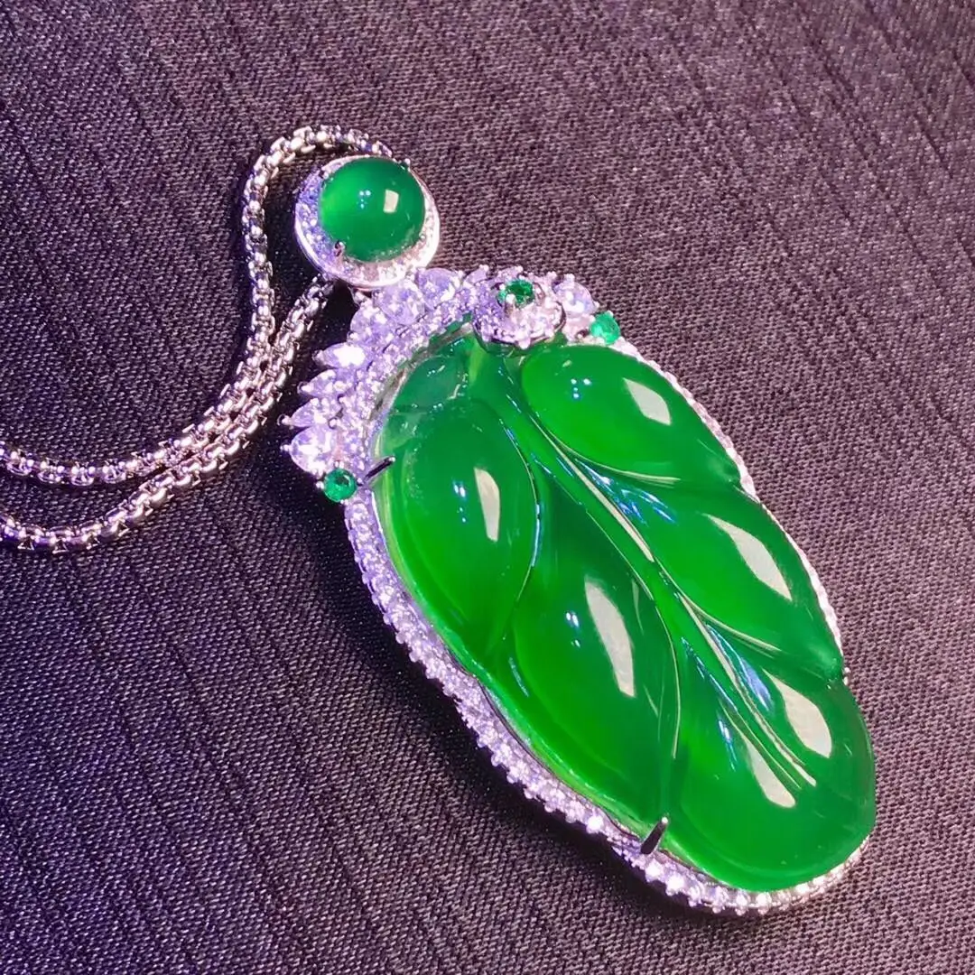 

100% Natural Green Jade Leaf Pendant Jewelry Women Men Genuine Burma Jades Stone Amulets Ice Jadeite Amulet Gifts For Ladies