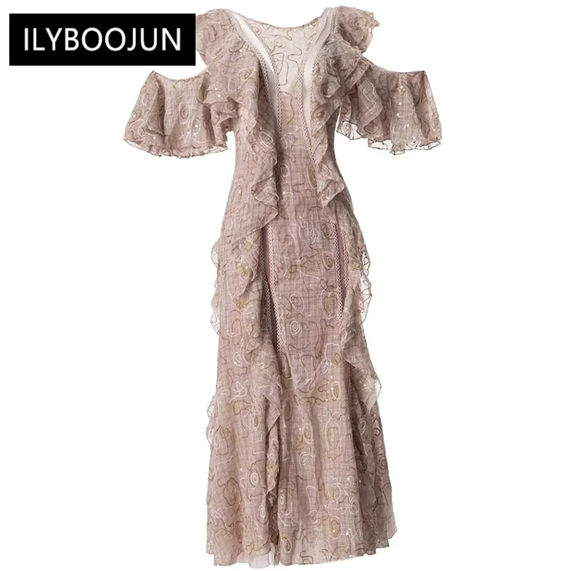 

Elegant Dresses For Women 2023 Luxury Designer Evening Party Summer V-Neck Lotus Short Sleeves Net Yarn Ruffled Edge Dress