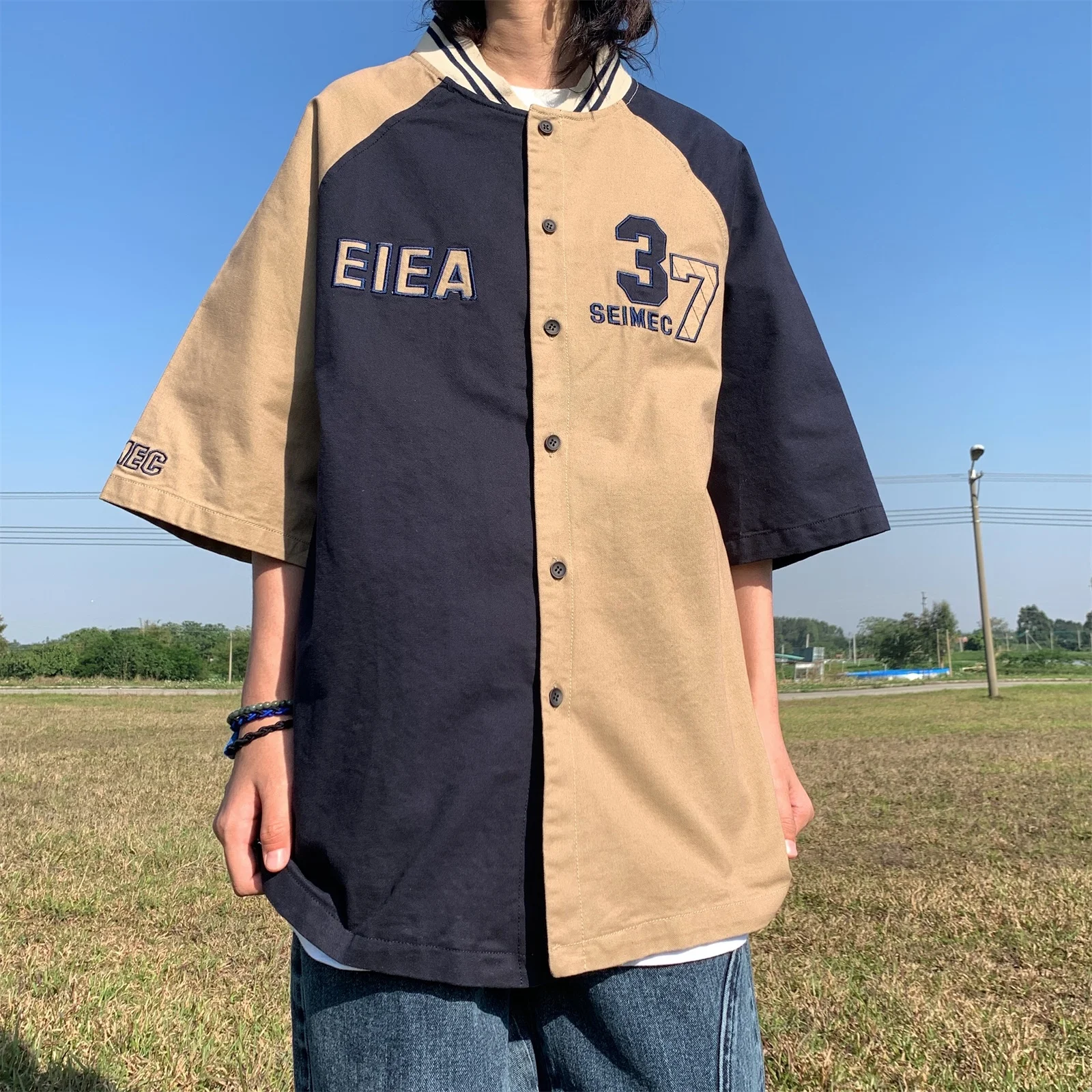 

New Summer Shirts Men Women Streetwear Vintage Stitching Embroidery Tooling Loose Short Sleeve Stand Collar Blouse 100% Cotton