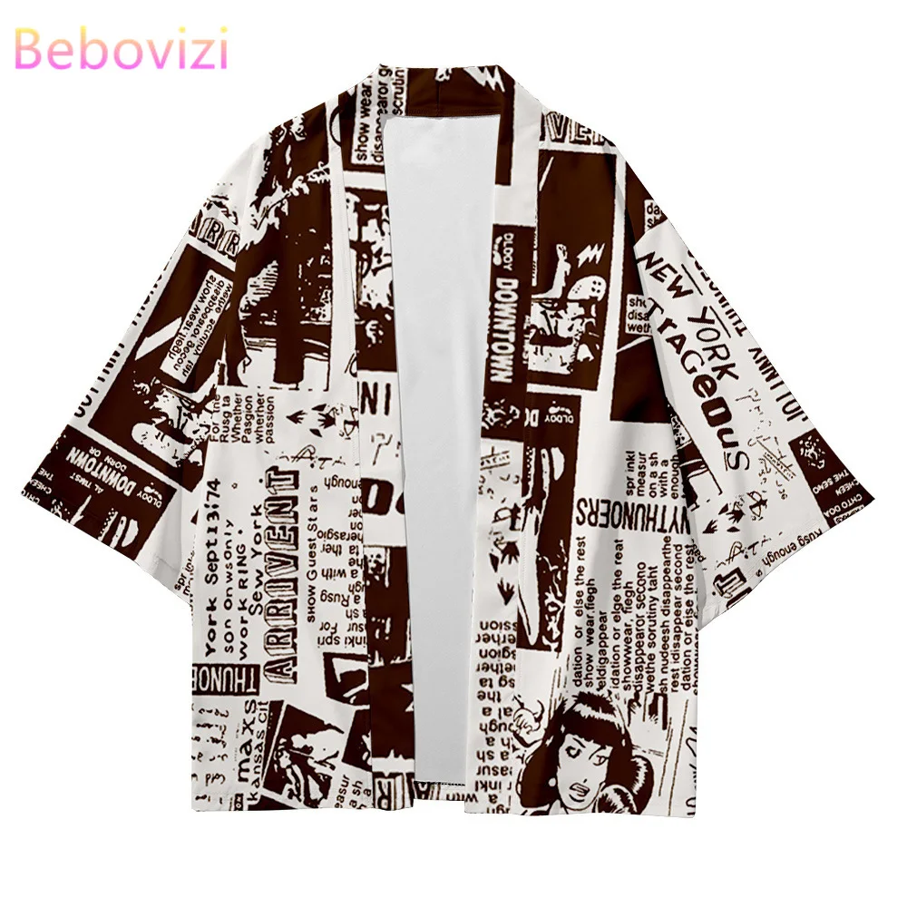 

Newspaper Print Cool Shirt Traditional Cardigan Haori Kimono Women Men Japanese Fashion Streetwear Beach Yukata