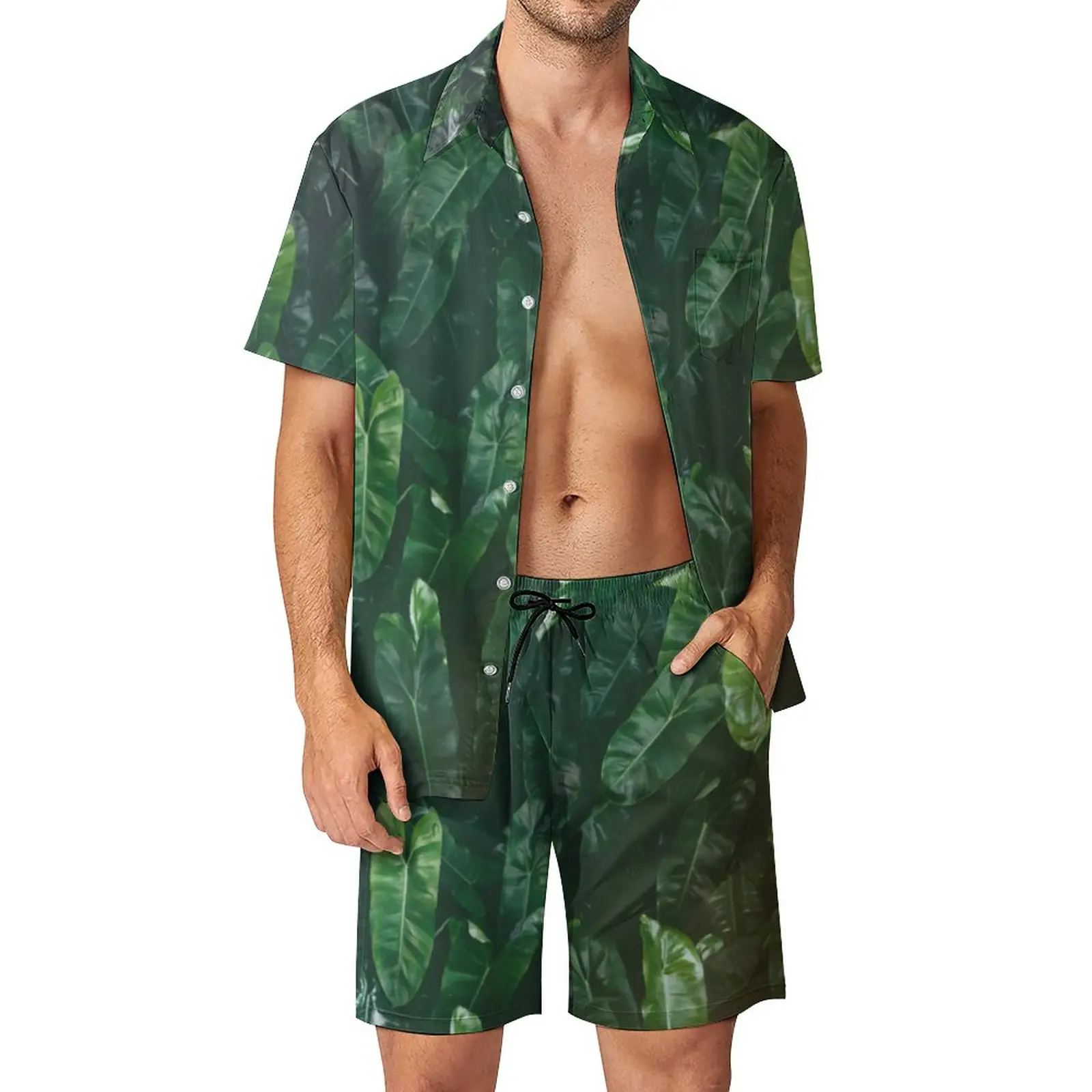 

Tropical Leaves Men Sets Elegant Palm Leaf Print Casual Shorts Summer Fashion Beach Shirt Set Short-Sleeve Custom Plus Size Suit