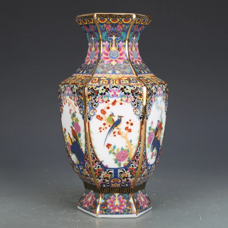 

Antique Porcelains Qianlong Official Kiln Vase Living Room Pastel Ornaments Jingdezhen Porcelain Hexagons Vase Enamel Porcelain