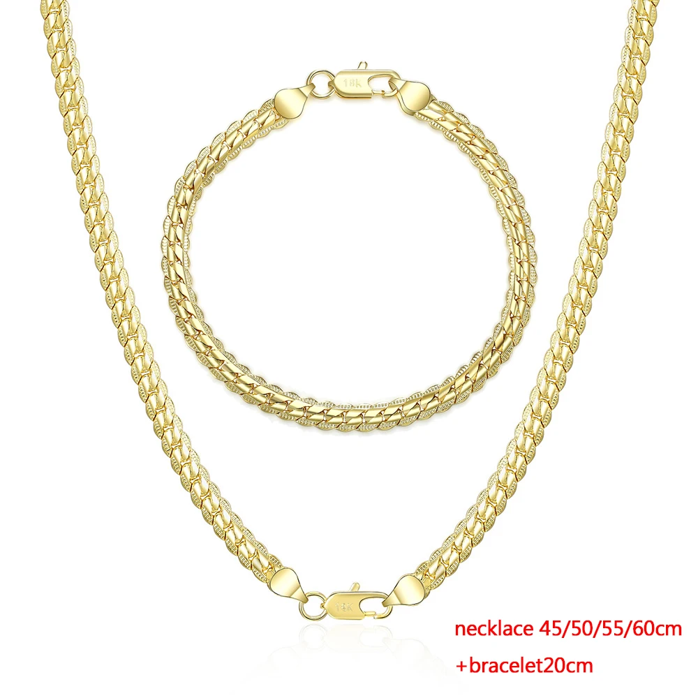 

Fashion 18k Gold Jewelry Sets 2 Piece 5MM Full Sideways Chain Necklace Bracelet For Women Men Wedding Gift