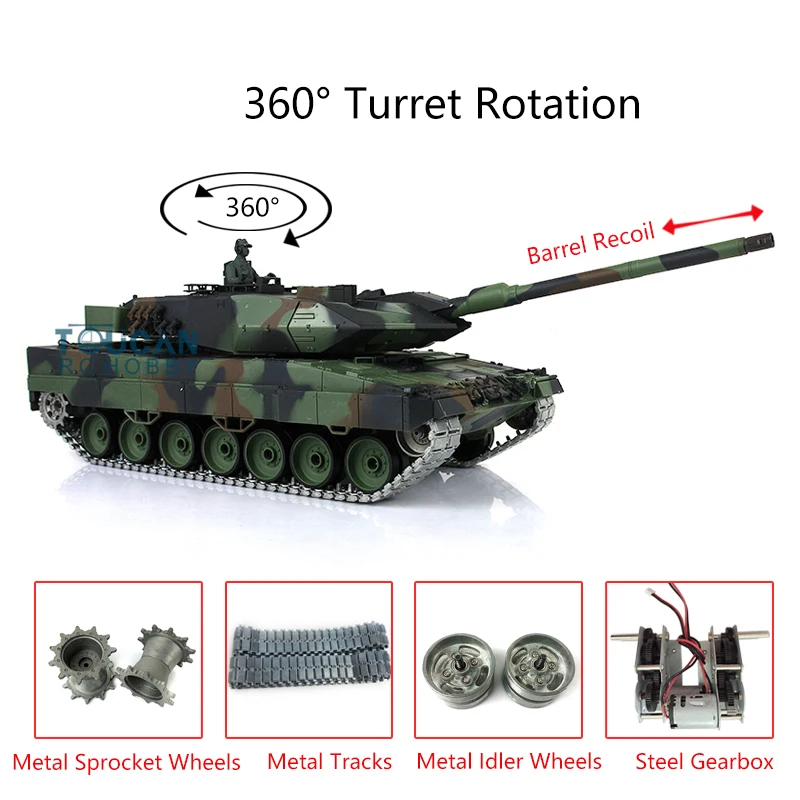 

Upgraded Ver Henglong 1/16 TK7.0 Leopard2A6 RC Tank 3889 360 Turret Barrel Retractable Metal Tracks Driving Motor