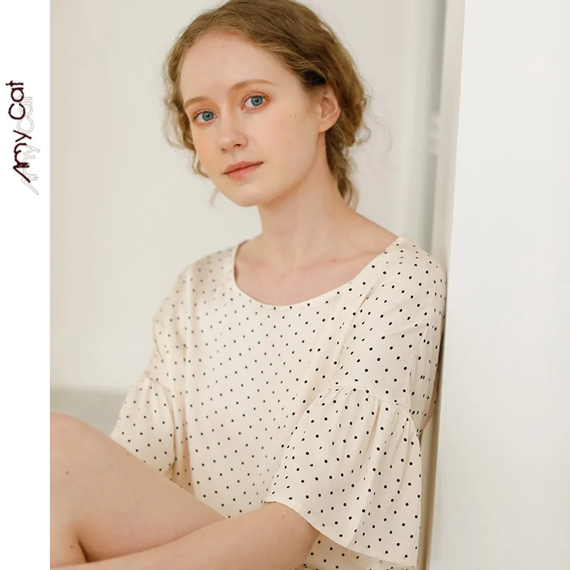 Women's Pajamas Cotton Round Neck Lotus Leaf Short Sleeve Pullover Top Casual Shorts Sleepwear Women Two Piece Set Summer Pjs