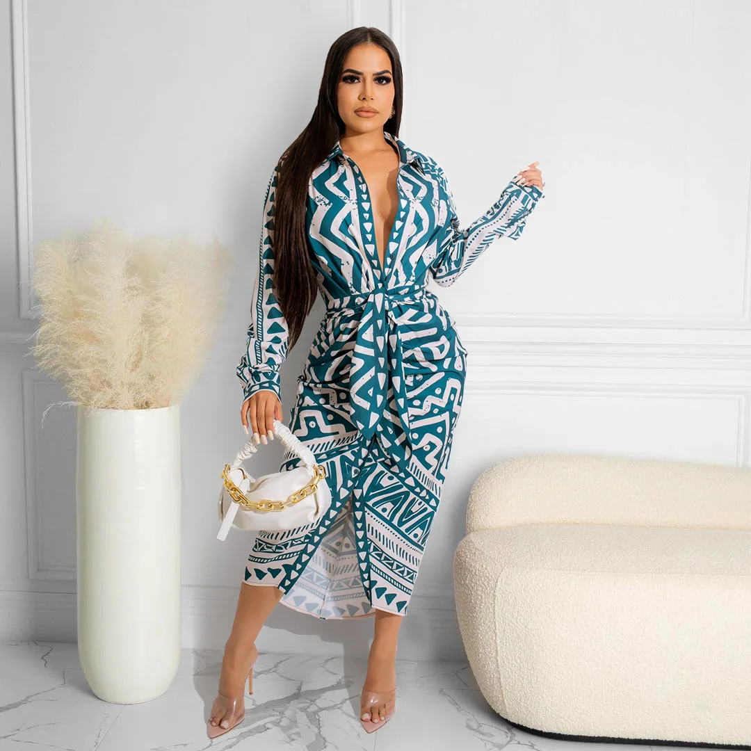 

Women Shirt Dress Autumn Single-Breasted Lace-up Loose Dress Women's Casual Long Sleeve Turn-down Collar Print Irregular Dress
