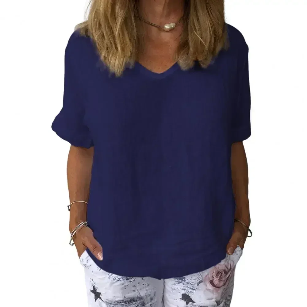 Женский свободный однотонный топ из хлопка и льна с v-образным вырезом короткими