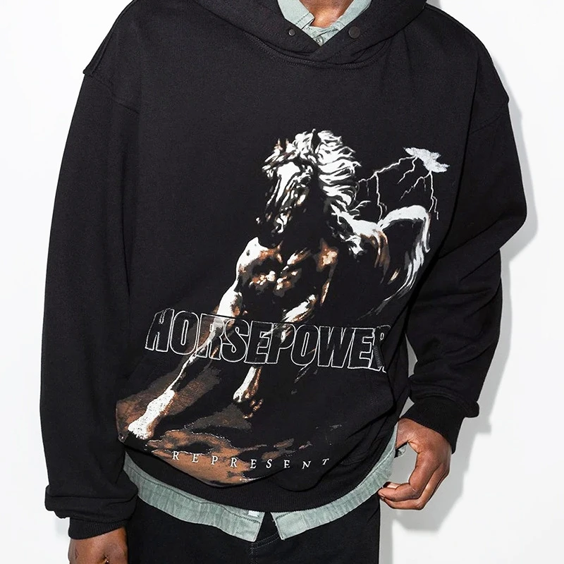 

Top Quality Vintage Represent Horsepower Fashion Hoodie Men 1:1 Horse Graphic Represent Women Hoodies Sweatshirts Pullovers