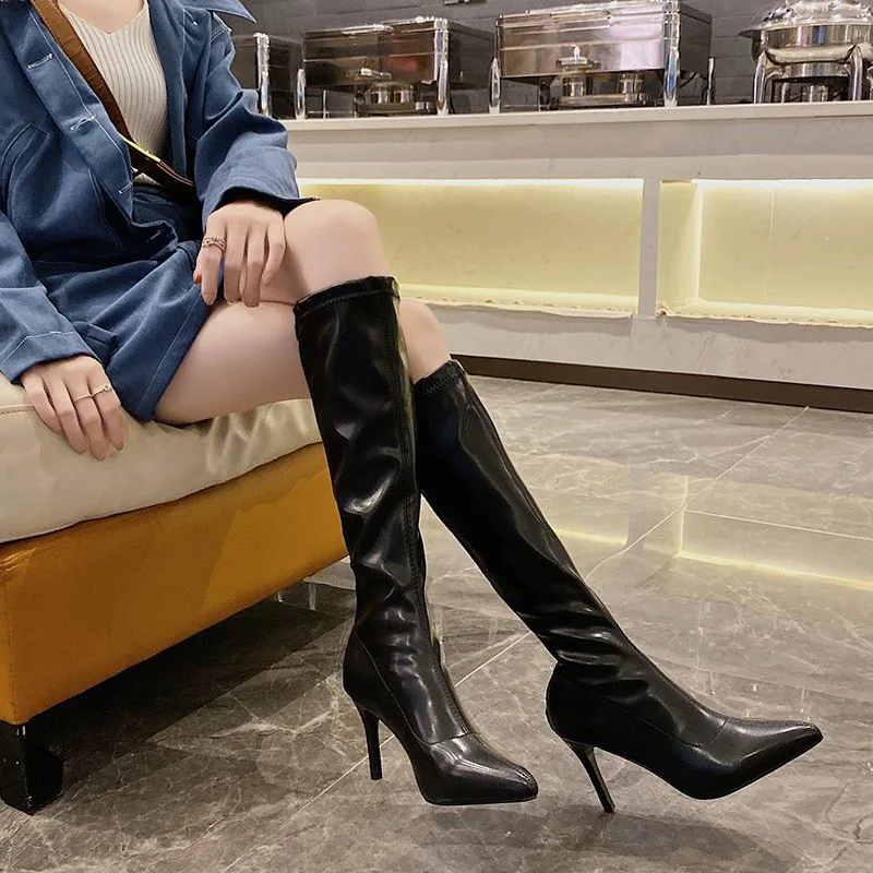 Brand Women Boots Fashion High Heels Knee High Boots Faux Leather Pointed Toe Thin Heel Boots Winter Warm Female Boots Designer