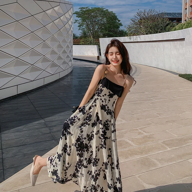 

NEW Long Floral Slip Dress Summer 2022 Runway Elegant Korean Party Prom Dress Boho Ruffled Vintage Beach Vacation Dress Sundress