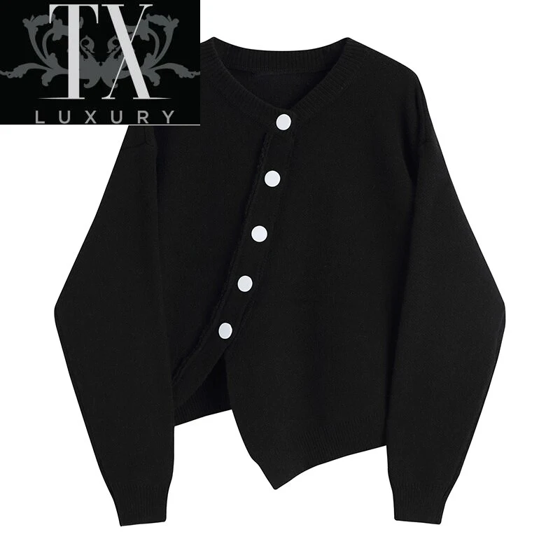 

Irregular Single Breasted Black Sweater Women Spring Hem Cropped Cardigan Knitted Tops Korean Loose Streetwear OL Knitwear