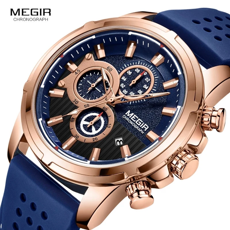 

MEGIR Quarzuhren Männer Silikon Strap Chronograph Armbanduhr Mann Relogios Masculinos Top Marke Luxus Uhr Junge 2101 ROSE BLAU