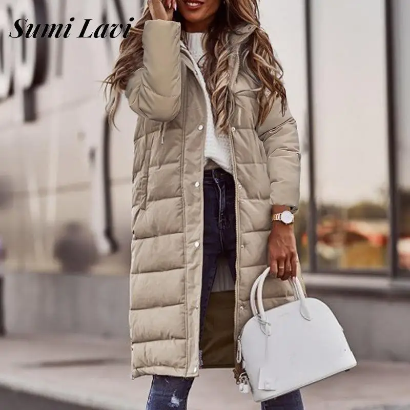 

Solid Women Fashion Hooded Down Jackets Autumn Thickened Lapel Zip Long Coat All-match Long Sleeve Cotton Clothing With Pocket