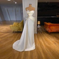 strapless satin prom dresses for weddings party with beading pleat evening gown sleeveless zipper back formal vestido noche 2022
