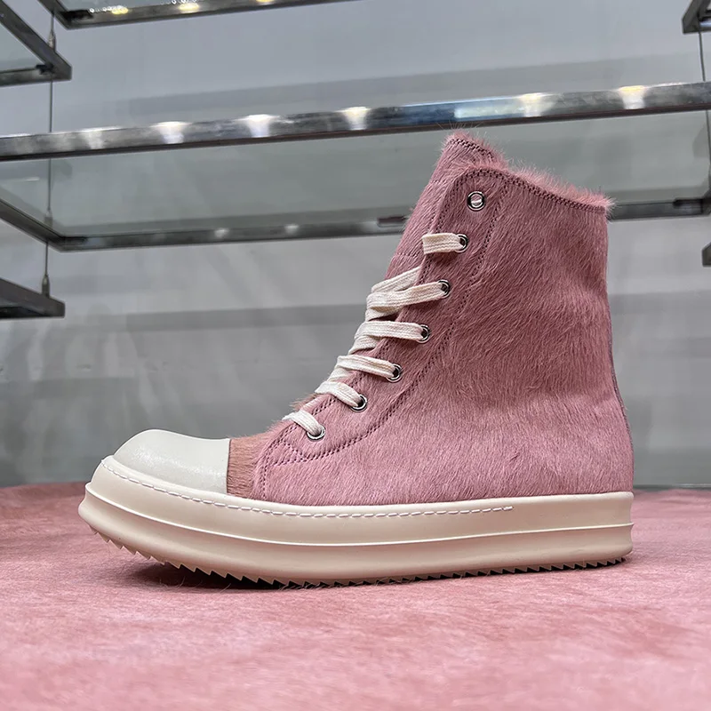 Dekherw High Top Shoes Women Leather Pink Horse Fur Ro Owen 2023 New Thick Sole Increased Street Casual Sneakers Ankle Boots Men