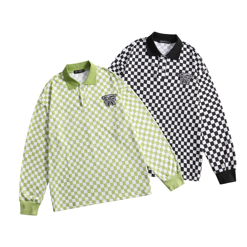 

Повседневная Свободная футболка в стиле колледжа с шахматным отложным воротником и длинными рукавами, модные мужские топы для пар, модель у...