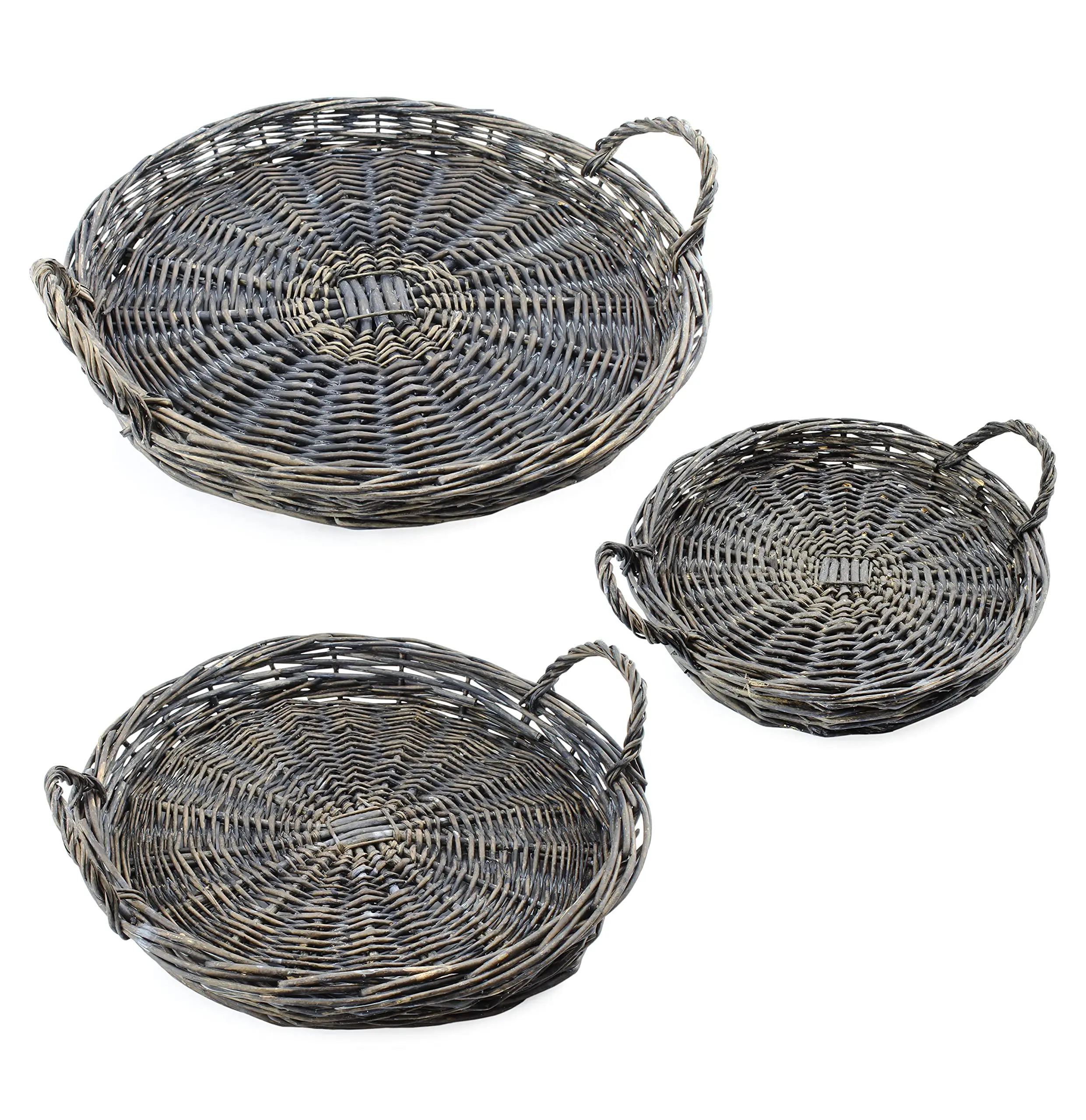

Rustic Willow Basket Trays, Set of 3 (Round, Gray); Natural Wicker Trays