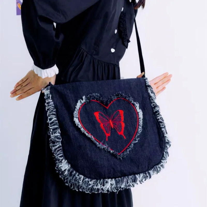 

Harajuku Denim Shoulder Bag Women Frayed Heart Butterfly Embroidered Crossbody Bags Large Tote Shopper Satchel Woman 2023