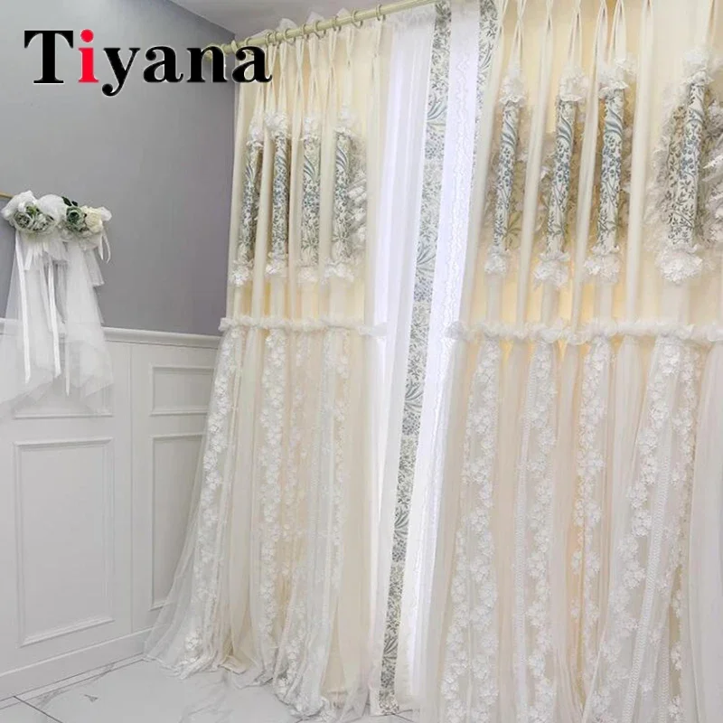 

French Romantic Luxury Green Flower Embroidery Lace Bedroom Double Layer Pleated Curtains For Living Room Window Voile Drapes