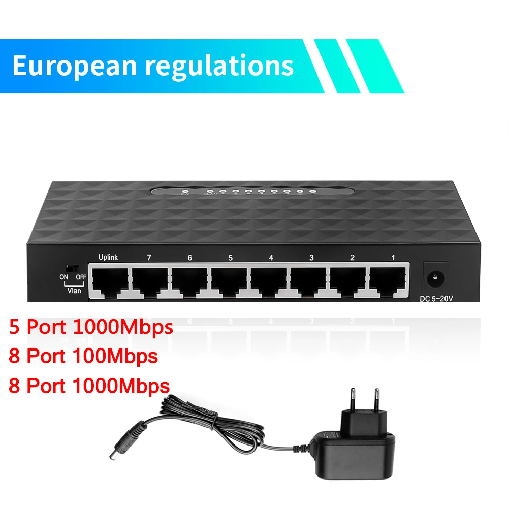 5 8 Port Gigabit Network Switch 10/100/1000Mbps Gigabit Ethernet Network Switcher RJ45 Lan Hub High Performance Ethernet EU Plug