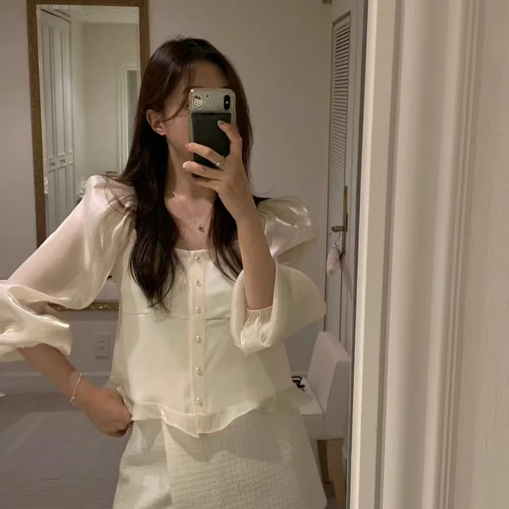 Корейская модная женская блузка с квадратным воротником и пуговицами