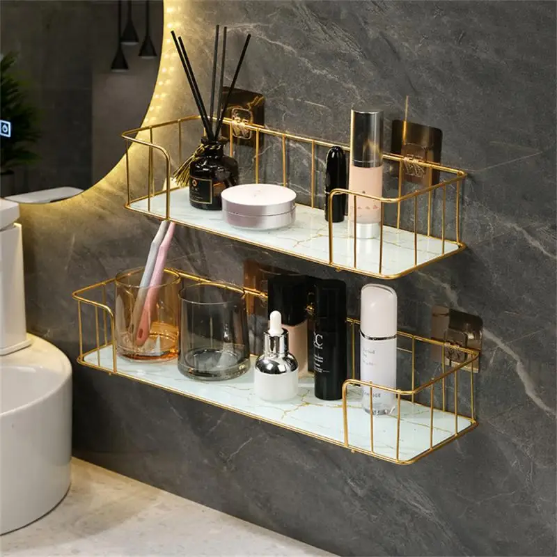 

Without Drilling Iron Wall Shelf Toilet Luxury Shelves Marble Style Glass Plate Shelf Wall Cosmetics Storage Rack Home Storage