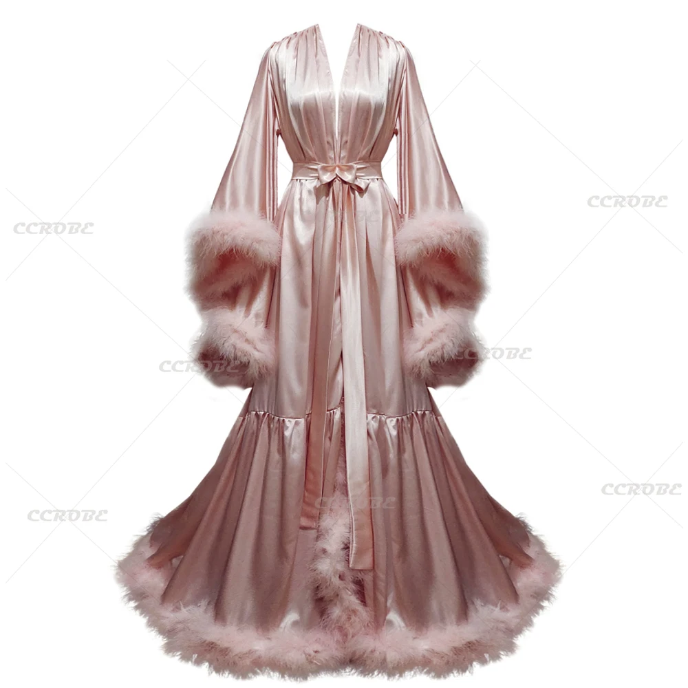 Bathrobe for Women Flare Sleeves Feather Bridal Robe Nightgown Silk Illusion Long Wedding Scarf Dressing Gown Photography Dress