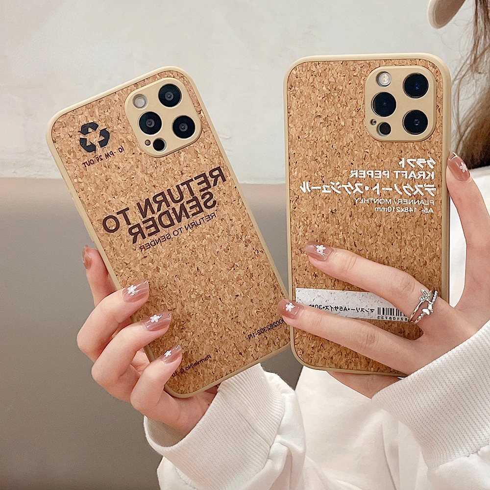 

Trendy Cork Wooden Lable Case For iPhone 13 11 12 Pro Max XS X XR 7 8 Plus SE2 Mini Luxury Shockproof Square Soft Silicone Cover