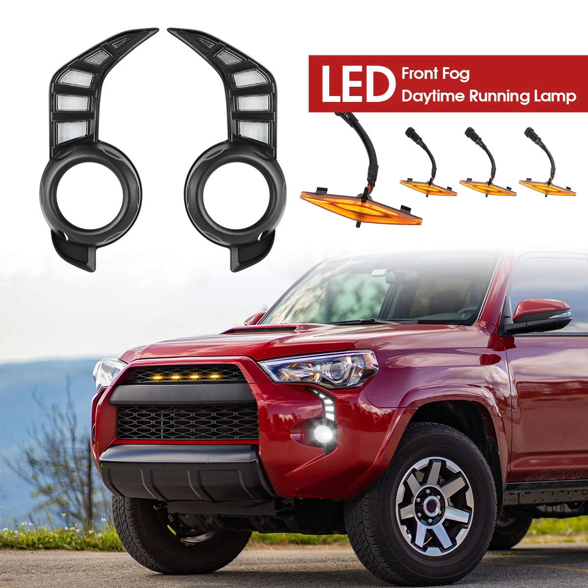 

2pcs 12V LED Daytime Running Light DRL + 4pcs Front Bumper Grill Lights Center Grille Lamps For Toyota 4Runner 2014-2022