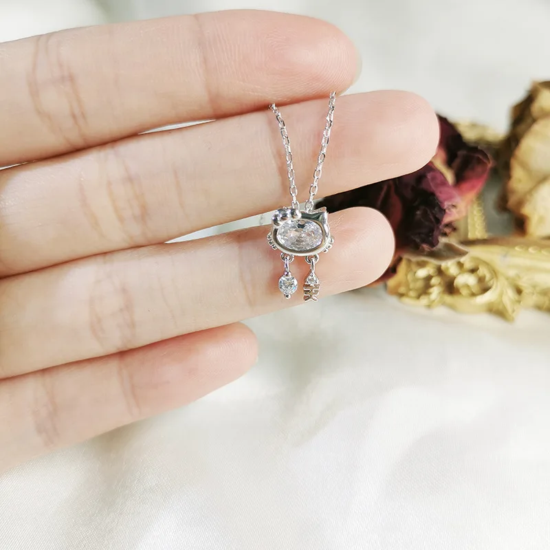 

Hellokitty s925 Sterling Silver Necklace Inlaid Zircon Creative Pendant Small Student Birthday Gift Kawaii Decoration Gift Girl