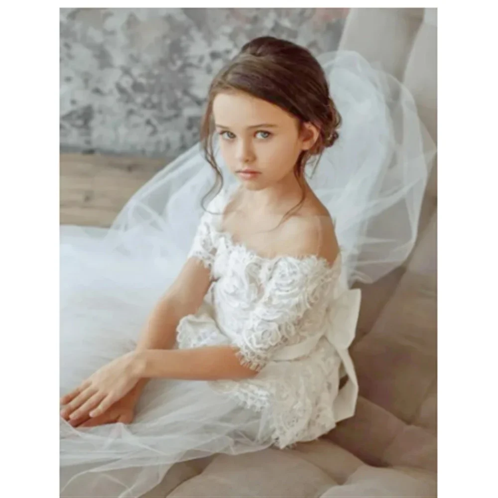 Лето 2023 белое тюлевое кружевное платье с цветочным узором для девочек аппликации