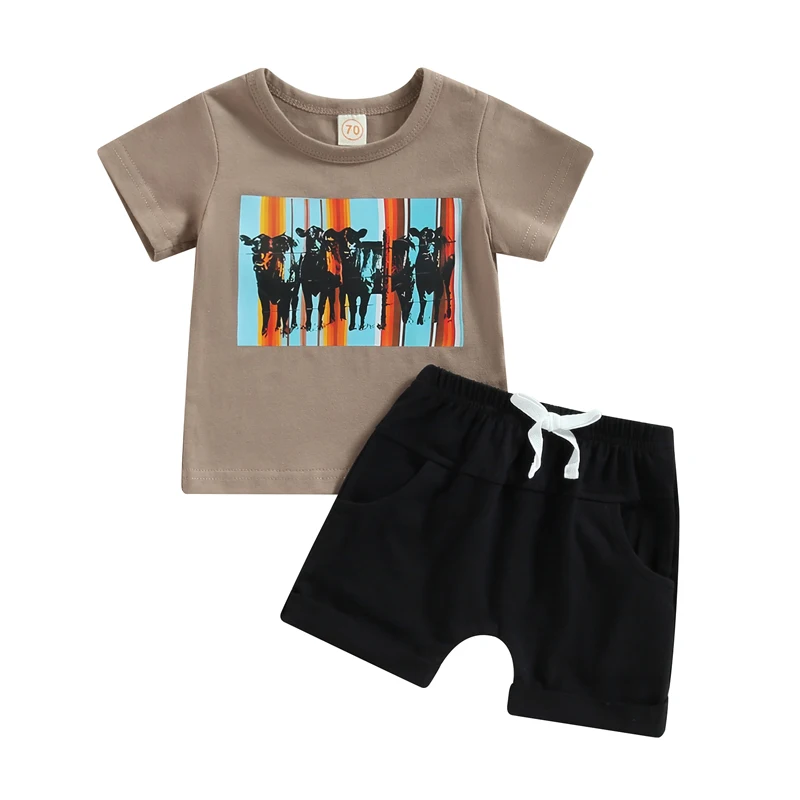 

Комплект для маленьких мальчиков Bmnmsl, футболка с коротким рукавом и принтом коровы и шорты с эластичной талией, летний наряд