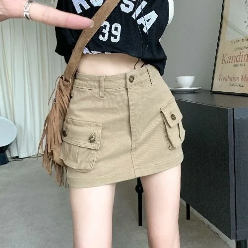 

Хаки джинсовые юбки сексуальные девушки Y2K Женская мини-юбка с большим карманом летняя Harajuku винтажная укороченная уличная Эстетическая Милая