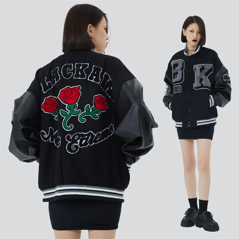 Hip Hop Varsity Baseball Bomber Jacket Streetwear Letter Rose Embroidery Patchwork Gothic Jackets Harajuku Casual College Coat