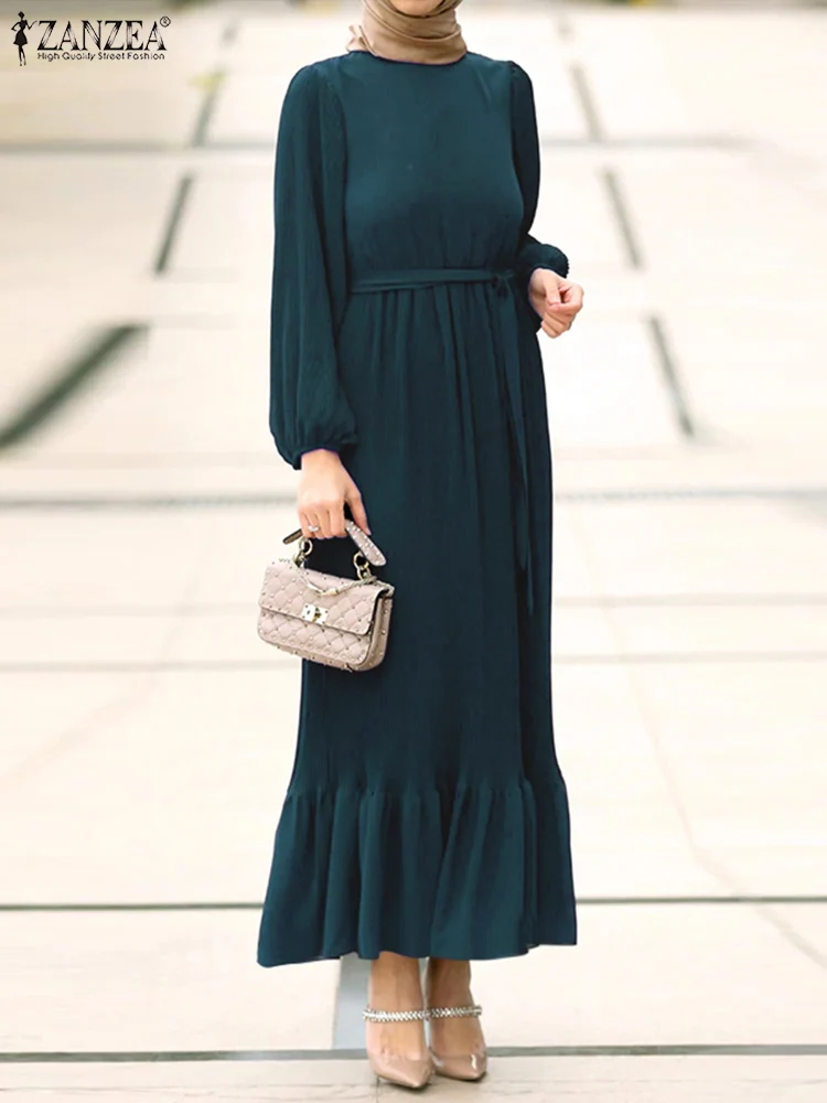

ZANZEA Solid Muslim Satin Dress O-Neck Long Sleeve Turkish Sundress Hijab Pleated Abaya Elegant Casual Holiday Party Long Robe