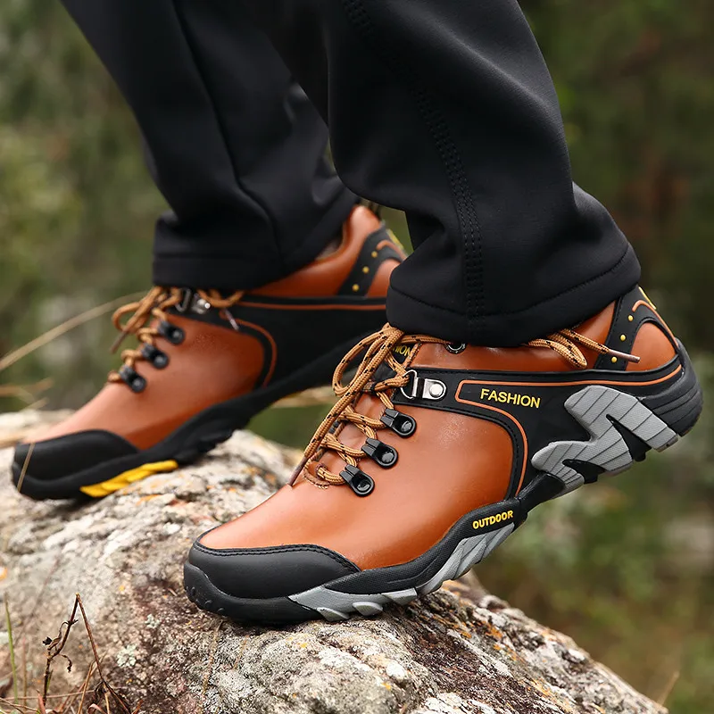 Brown Outdoor Mens Hiking Shoes 2022 Genuine Leather Trail Climbing Shoes Men Sports Sneakers Waterproof Trekking Sneakers Men