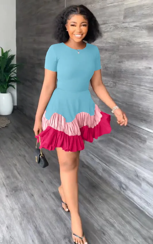 Chocomist Dresses Casual Color Block Women Pleated Mini Dress