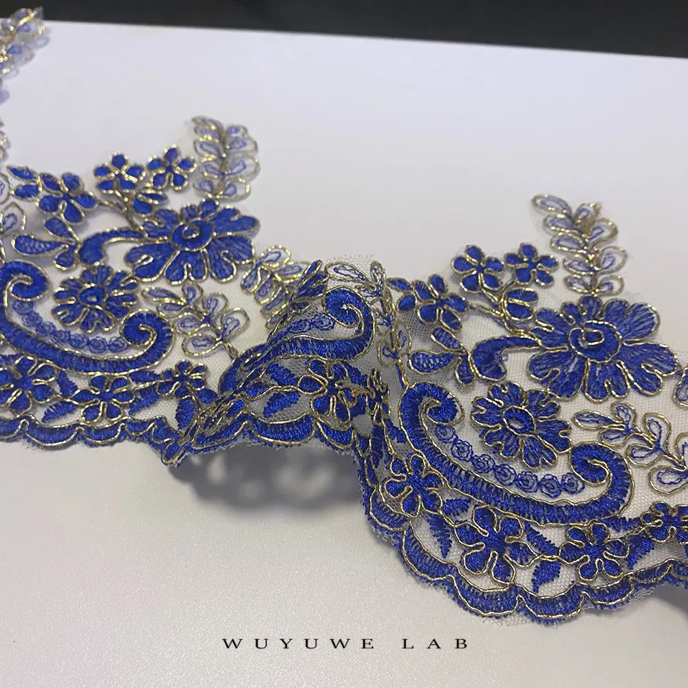 

1yard Golden Blue Color Embroidery Lace Trims Applique Flower Venise Sewing Craft for Weding Decoration Kids Dress 14.5cm Width