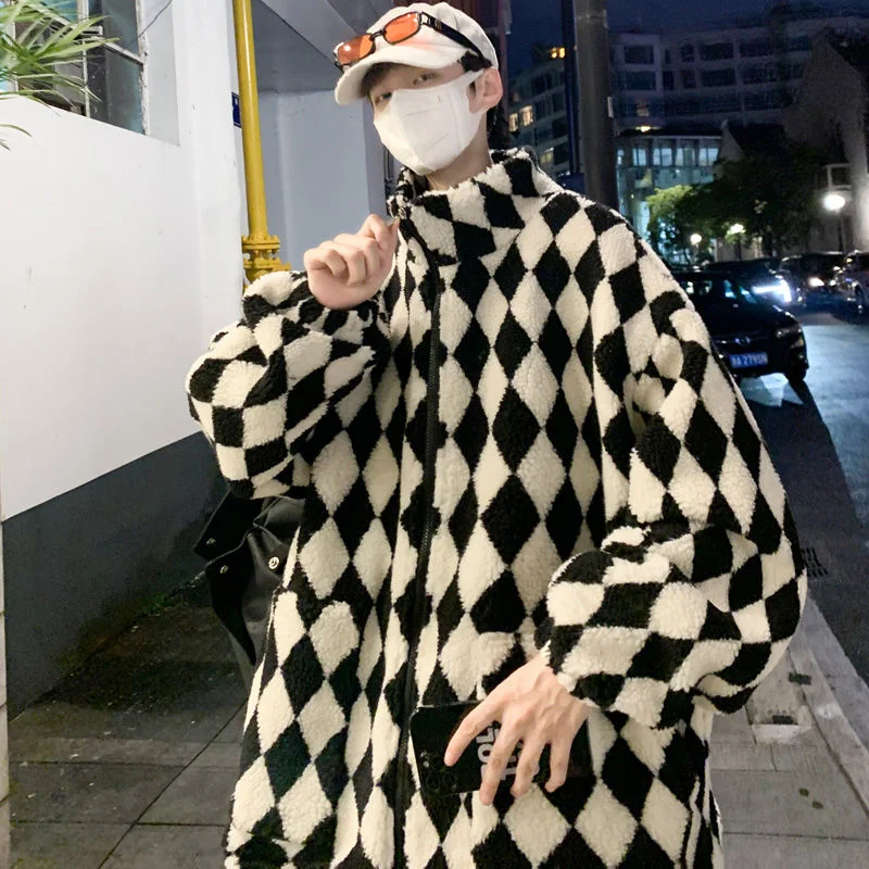 Winter Jacket Men Warm Fashion Retro Casual Plaid Thickened Lamb Wool Jackets Mens Streetwear Loose Short Coat Men Clothes M-3XL