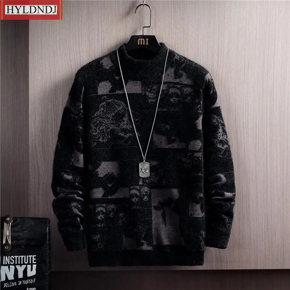 Men Winter Sweaters Long Sleeve Pullovers Anime Clothes Men Streetwear Cartoon Pattern Mock Neck Sweater Japan Anime Sweater